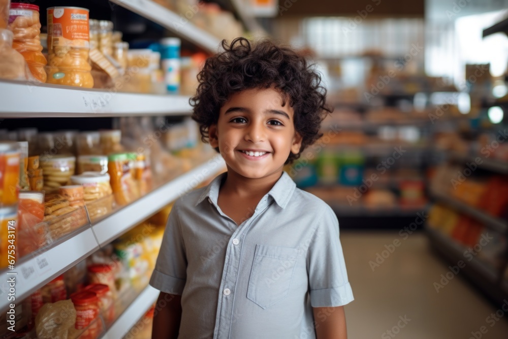 a happy indian child boy seller consultant on the background of shelves with products in the store a happy indian child boy seller consultant on the background of shelves with products in the store