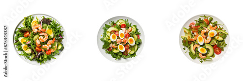 Set of Rich plates of salad from green leaves mix and vegetables with avocado or eggs, chicken and shrimps isolated on transparent or white background