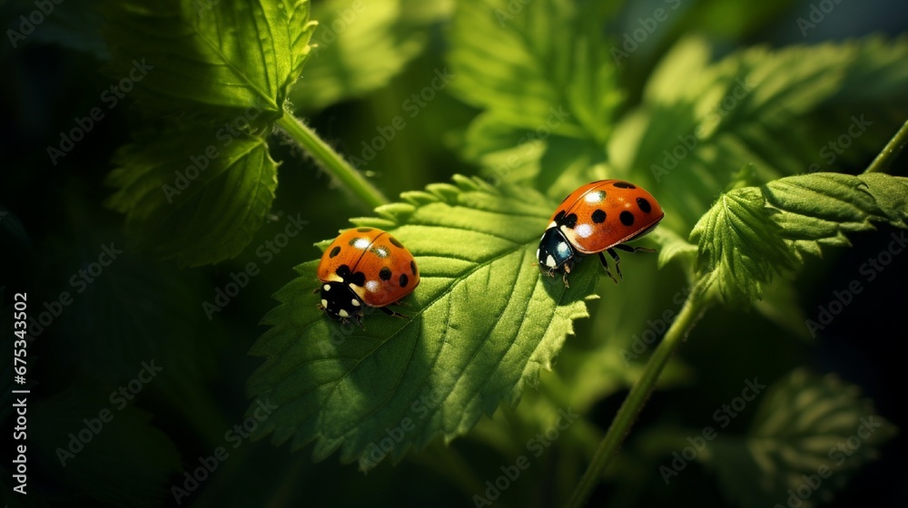 Beautiful juicy leaves, curl plants, two ladybirds macro glows in sun on dark green saturated background outdoors. Wallpaper - artistic image of purity and fragility of nature, wide format Beautiful juicy leaves, curl plants, two ladybirds macro glows in sun on dark green saturated background outdoors. Wallpaper - artistic image of purity and fragility of nature, wide format