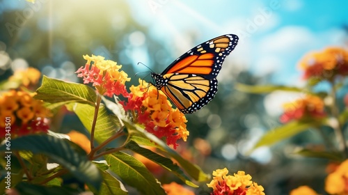 Beautiful image in nature of monarch butterfly on lantana flower on bright sunny day © kashif 2158