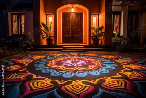 Illustration of depicting colorful rangoli designs adorning the entrance of a house during Diwali