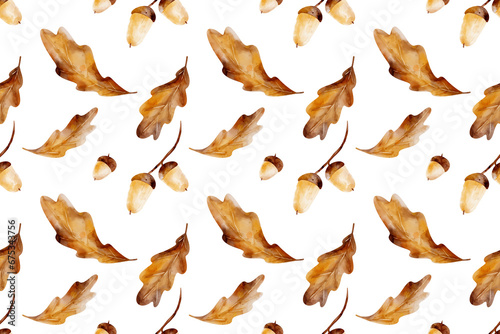Seamless pattern with wood motifs, oak leaves and acorns with light backdrop. Digital watercolor illustration