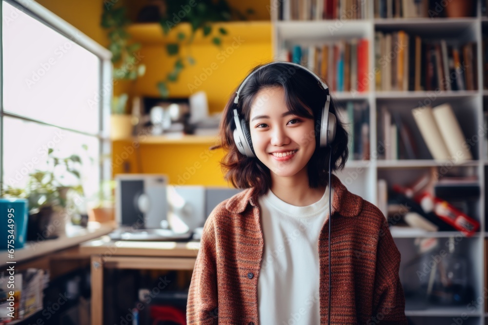 a happy asian woman in headphones on the background of shelves with music equipment in the room a happy asian woman in headphones on the background of shelves with music equipment in the room