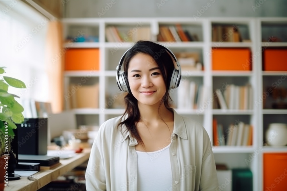 a happy asian woman in headphones on the background of shelves with music equipment in the room a happy asian woman in headphones on the background of shelves with music equipment in the room