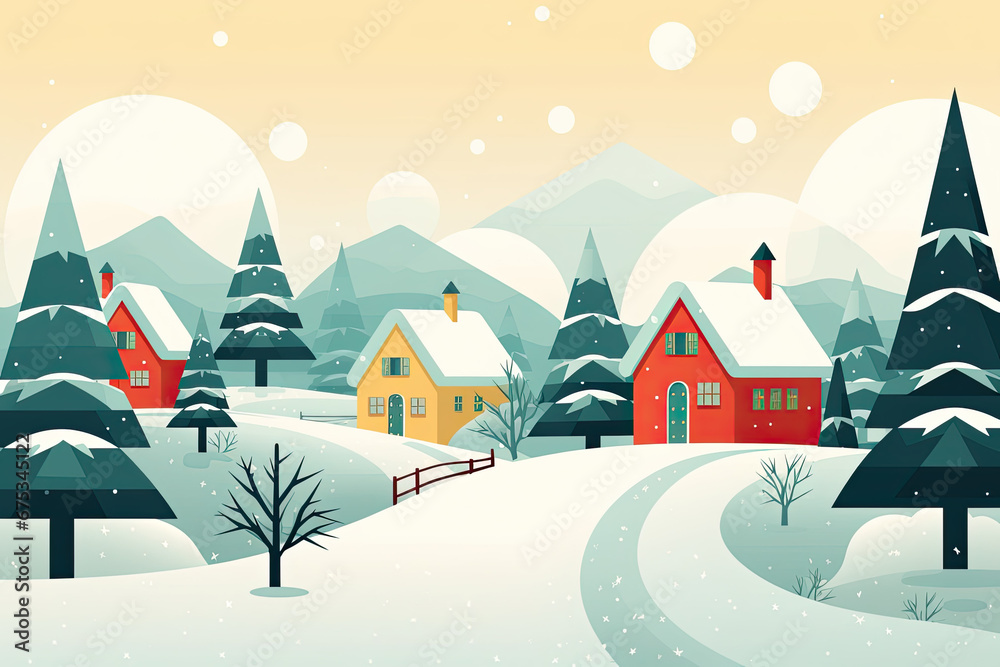 Snowy Winter Scene with Colorful Houses, Christmas Card Banner