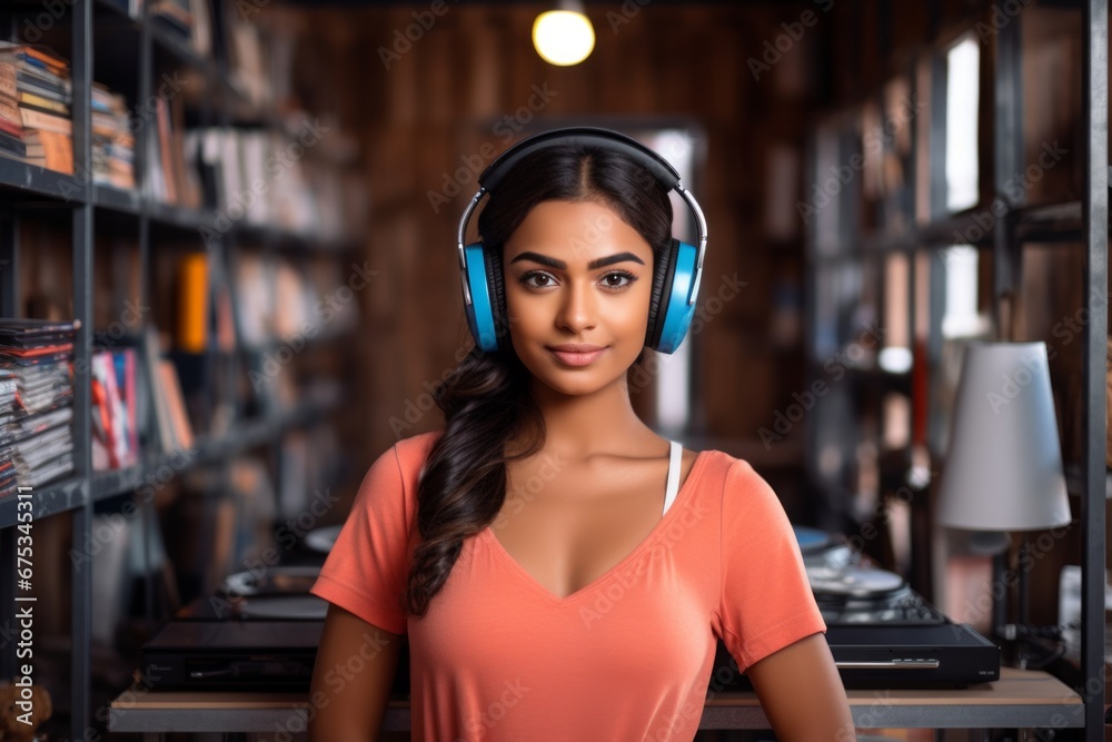 a happy indian woman in headphones on the background of shelves with music equipment in the room a happy indian woman in headphones on the background of shelves with music equipment in the room