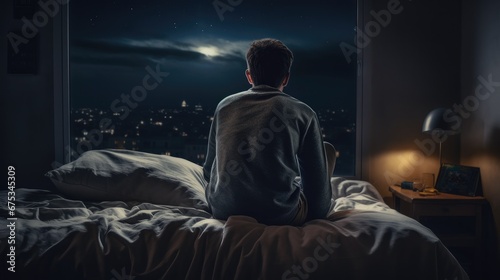 sleepless insomnic man sit on bed at dark night
