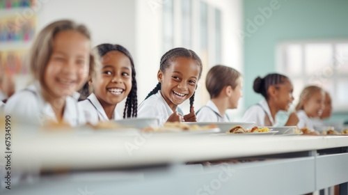 schoolgirls at the school cafeteria table photo