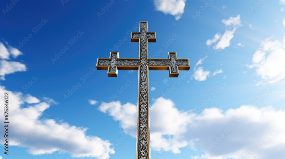 A tall, ornate gold cross stands against a clear blue sky. Its detailed engravings and shiny surface reflect the brilliant sunlight. A sacred symbol of Christianity, it is a radiant and divine repres