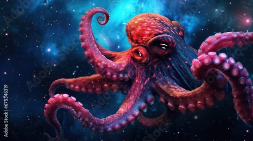 Octopus in outer space. 3D illustration. Fantasy composition.