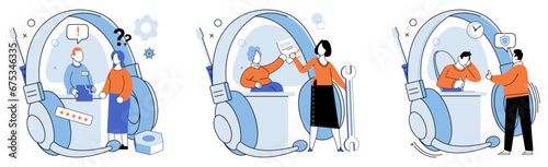 Support service. Vector illustration. Sending message is convenient way to communicate with support The support team provides valuable advice to customers Technological advancements enhance support