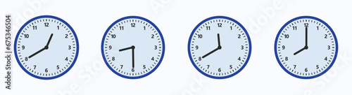 Blue and white four clocks with different times. Time Concept. 