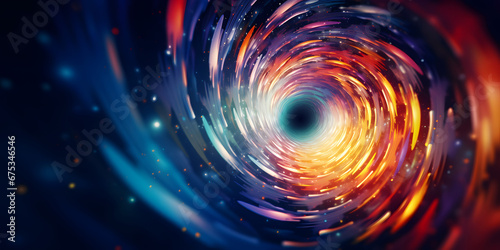 Black hole attracting light like a spiraling vortex, kaleidoscopic abstract background with copy space photo