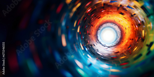 Kaleidoscopic tunnel with light at the end of it, abstract background with copy space photo