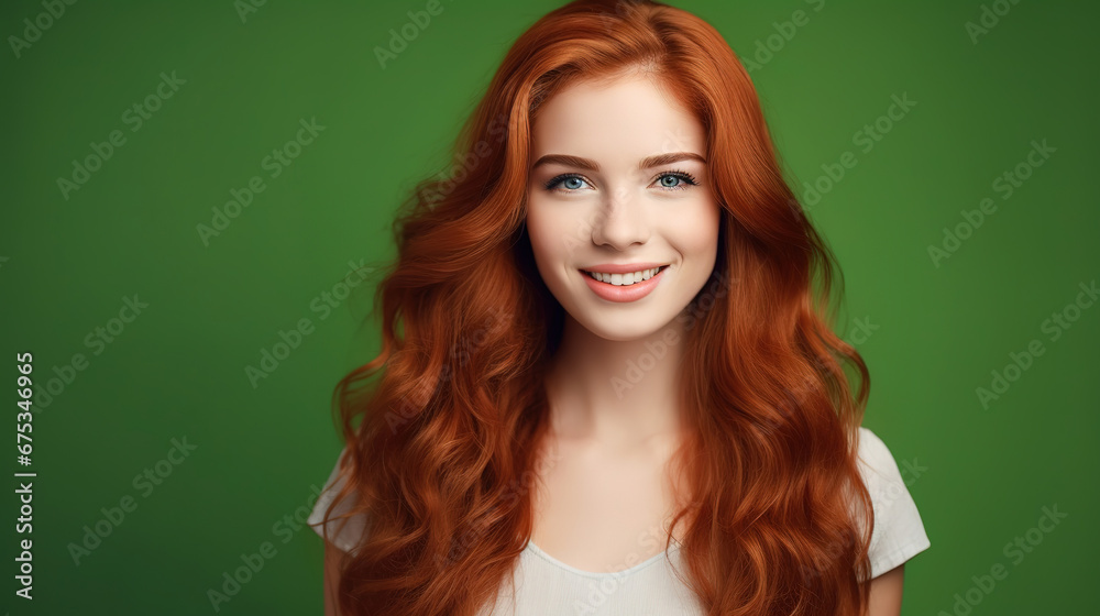 Beautiful elegant european red-haired smiling young woman with perfect skin and long red hair, on a green background, close-up Beautiful elegant european red-haired smiling young woman with perfect skin and long red hair, on a green background, close-up