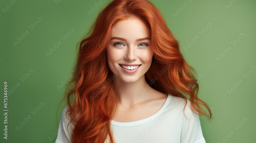 Fototapeta premium Beautiful elegant european red-haired smiling young woman with perfect skin and long red hair, on a green background, close-up