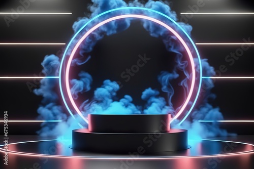 3d rendering illustration modern futuristic podium stage platform with neon lighting and black background for premium produt business technology.ai generated photo