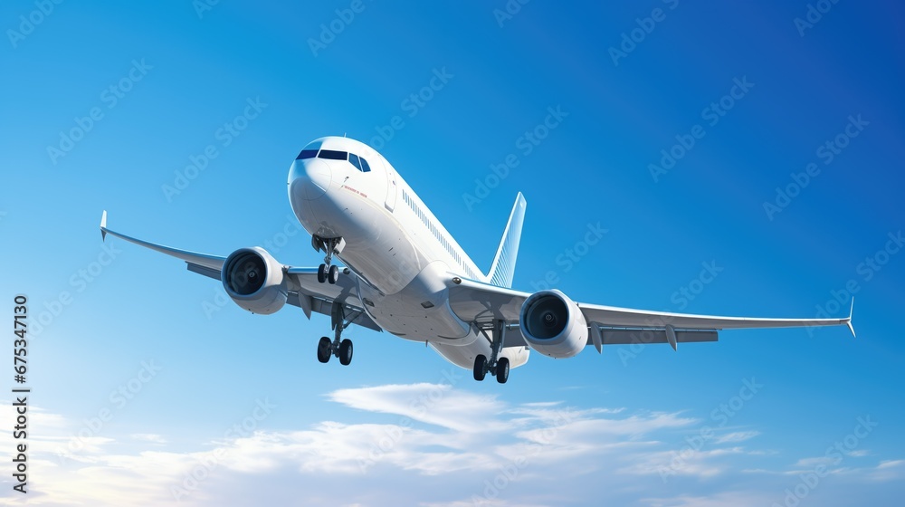 Commercial airplane soaring through a clear blue sky, its sleek metallic body reflecting sunlight. Detailed wings, tail, and landing gear, with white vapor trail. High-quality and high resolution