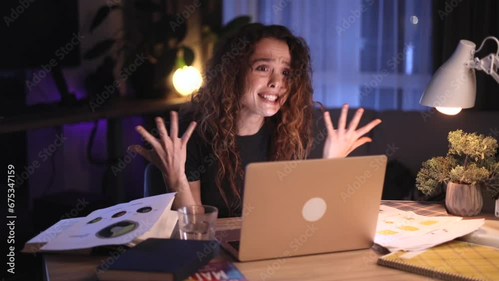 Sad young woman feels annoyed having problems with laptop computer lost work at home workplace System error data loss backup battery issues virus old equipment or technical malfunctions at night