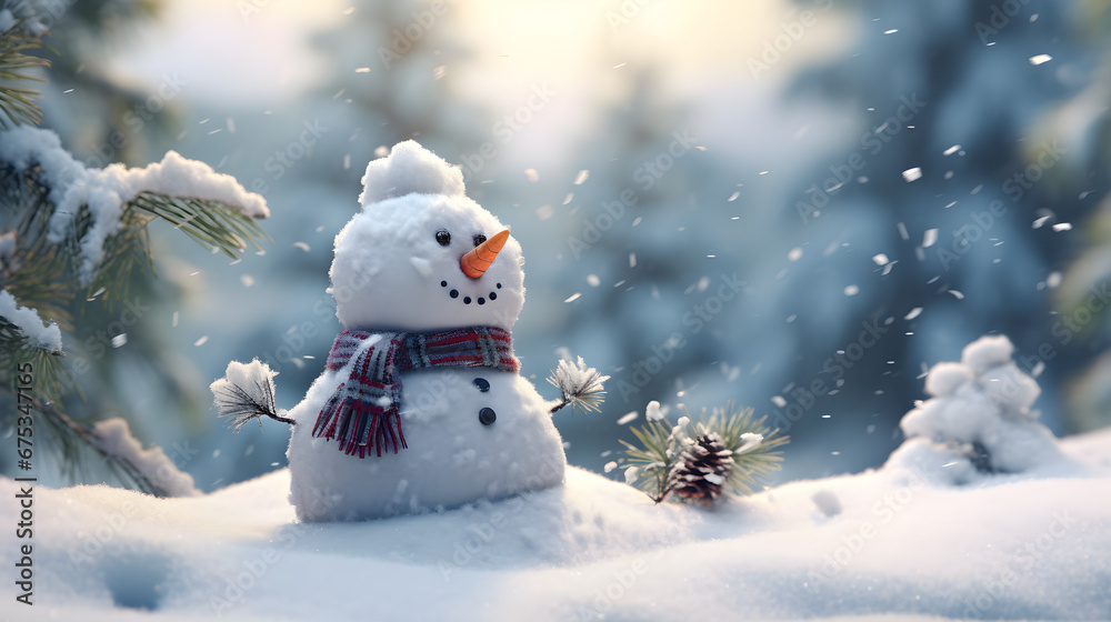 Panoramic view of happy snowman in snow winter scenery with copy space