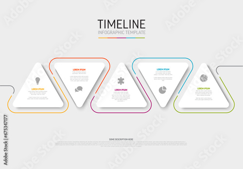 Light five steps template with white triangle cards with icons and description photo