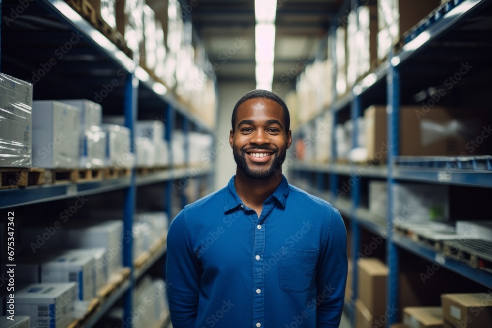happy african american man worker on the background of shelves with boxes in the warehouse happy african american man worker on the background of shelves with boxes in the warehouse