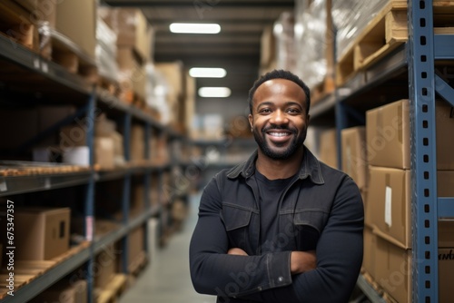 happy african american man worker on the background of shelves with boxes in the warehouse