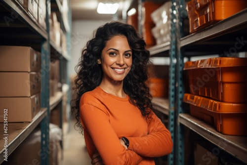 happy indian woman worker on the background of shelves with boxes in the warehouse