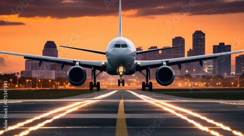 Busy airport runway with a commercial plane taking off. Detailed cityscape, guiding lights, and airport buildings in the background. Precise moment captured in a vivid stock image