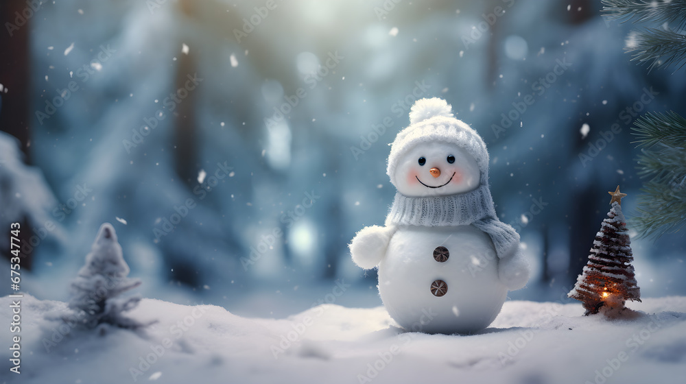Panoramic view of happy snowman in snow winter scenery with copy space