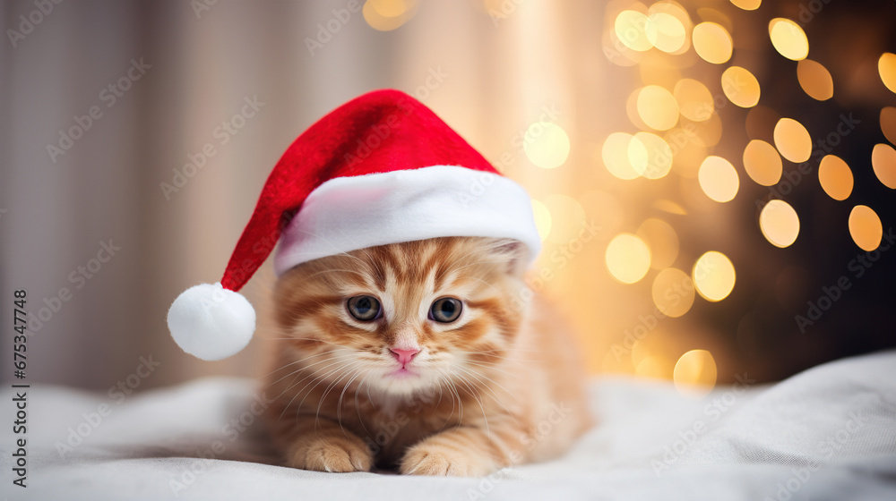 Cute little ginger kitten in red Santa hat lies on a white blanket and looks at the camera. Blurred Christmas lights on background. Cute little ginger kitten in red Santa hat lies on a white blanket and looks at the camera. Blurred Christmas lights on background.