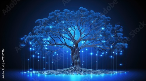 Vibrant blue technology tree with sharp-focus branches, circuitry, and glowing elements. Interconnected microchips, wires, and circuit boards create a visually stunning, high-resolution image