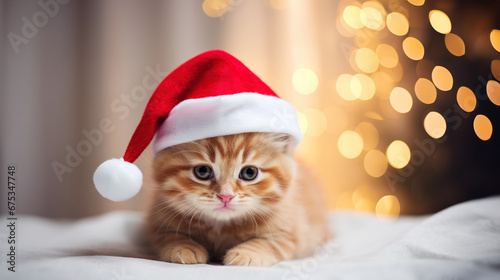 Cute little ginger kitten in red Santa hat lies on a white blanket and looks at the camera. Blurred Christmas lights on background. © olyapon