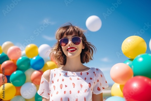 happy woman on the background of colorful balls for games