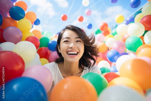 happy asian woman on the background of colorful balls for games
