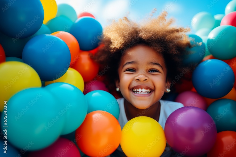 Obraz premium happy african american child girl on the background of colorful balls for games