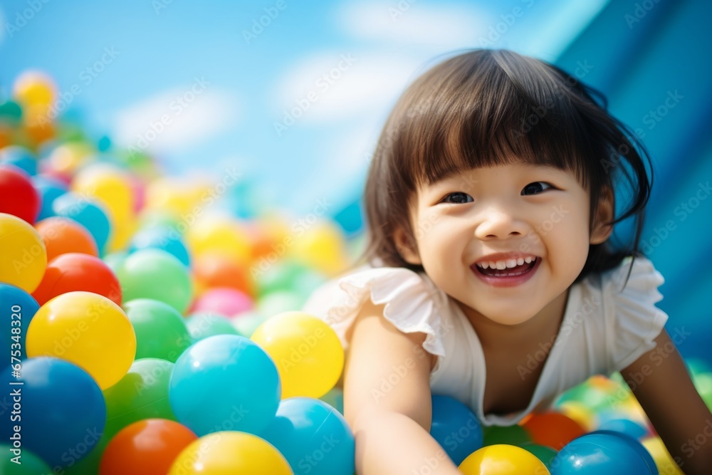 happy asian child girl on the background of colorful balls for games happy asian child girl on the background of colorful balls for games
