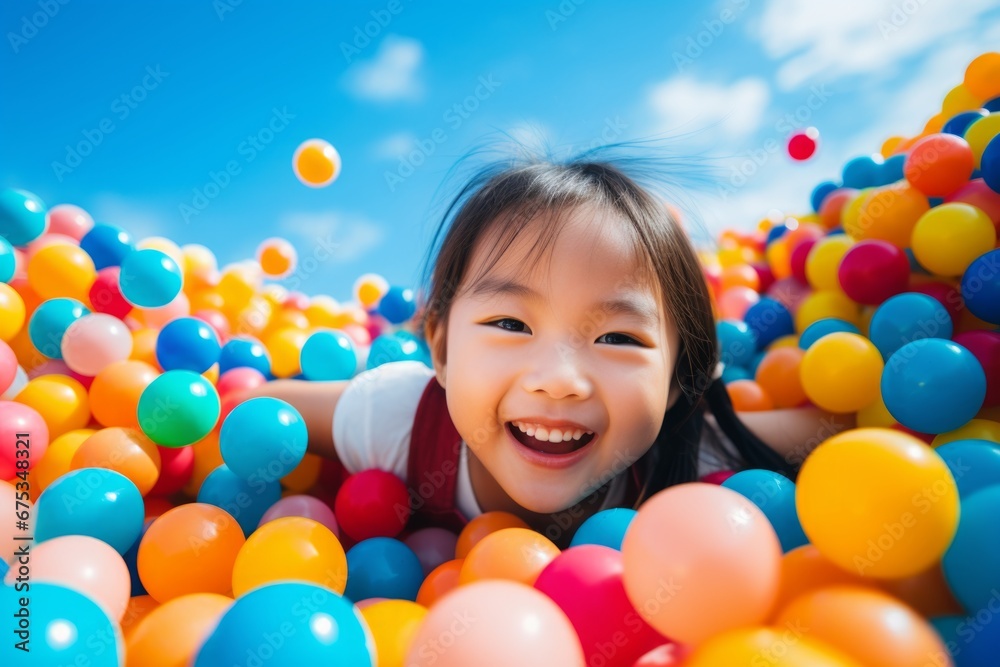 Obraz premium happy asian child girl on the background of colorful balls for games