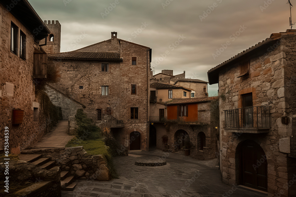 Winding Streets and Stone Buildings: A Glimpse into a Picturesque Medieval Village, ai generative