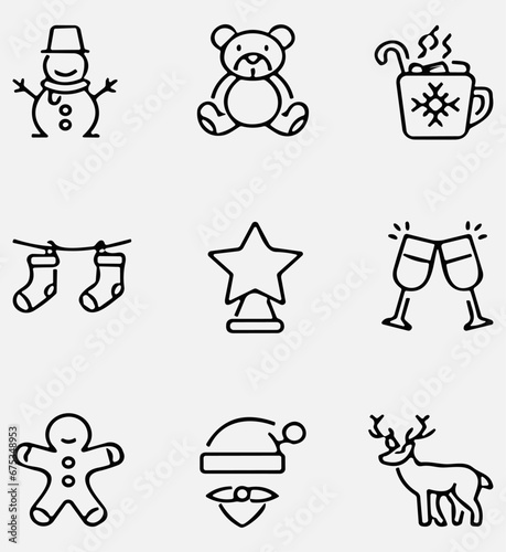Fototapeta Naklejka Na Ścianę i Meble -  Set of 9 christmas outline icons. Holiday symbol. Line Xmas icons collection. Editable stroke