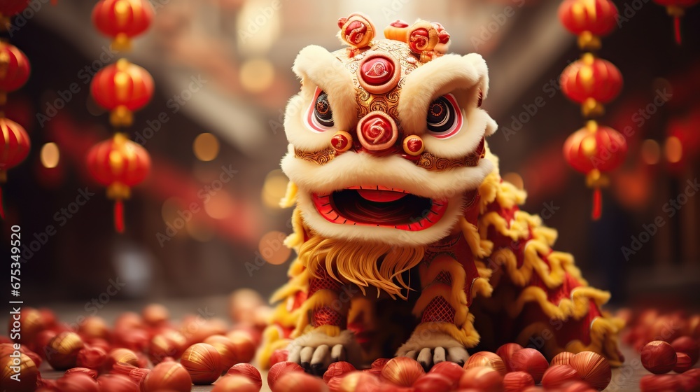 Chinese New Year Dragon dance street performances. AI Generated.
