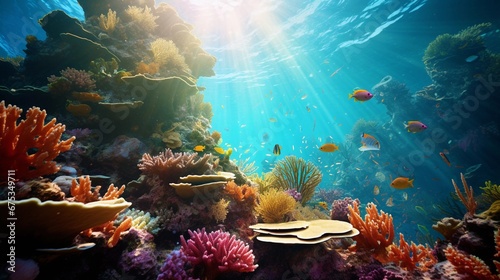 An underwater photograph of colorful coral reefs, teeming with exotic marine life, with the sunlight filtering through the clear and warm waters, AI generated, background image