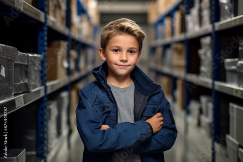 happy child boy worker on the background of shelves with boxes in the warehouse © vasyan_23