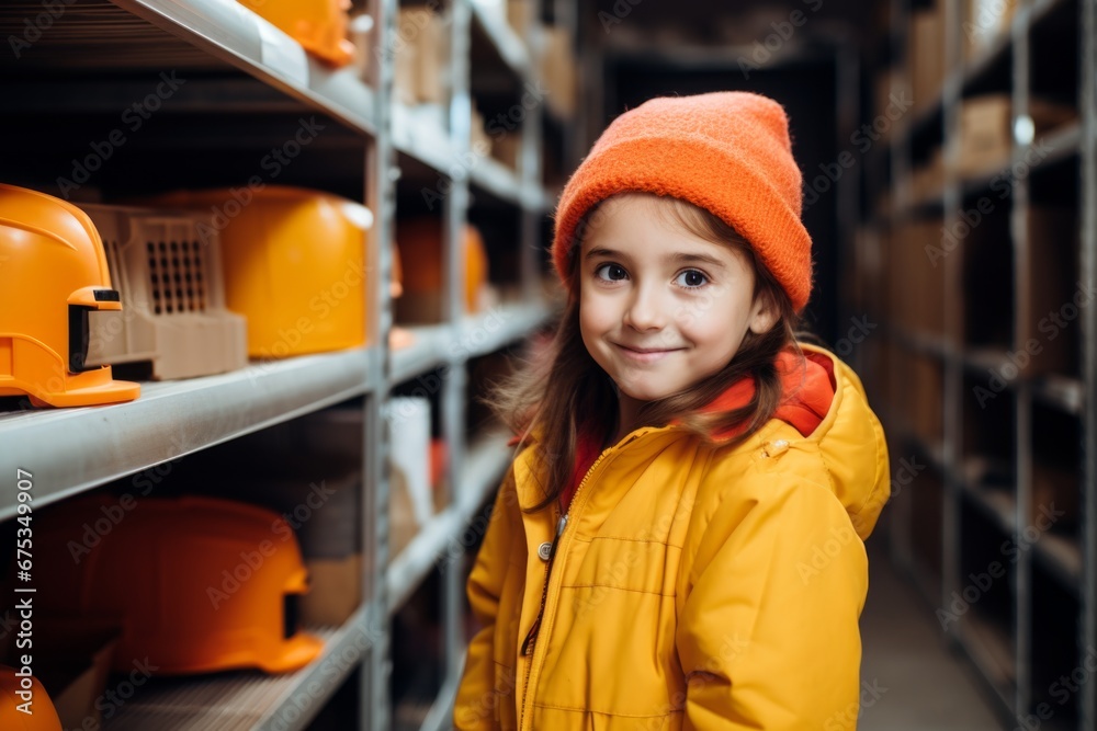 happy child girl worker on the background of shelves with boxes in the warehouse happy child girl worker on the background of shelves with boxes in the warehouse