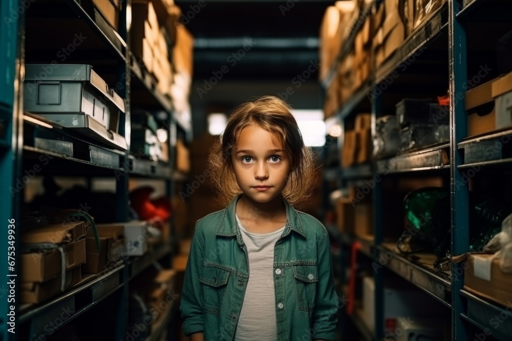 happy child girl worker on the background of shelves with boxes in the warehouse
