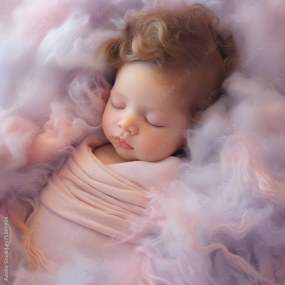 Baby sleeping in cotton candy. Pastel violet colors. Baby sleeping in cotton candy. Pastel violet colors.