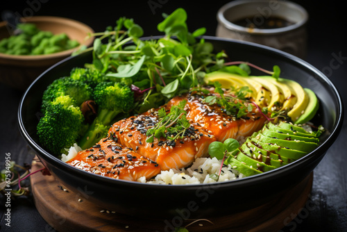 Broccoli, avocado, tomatoes and fried salmon with rice. Healthy diet recipe concept. Quality for restaurant menu photo