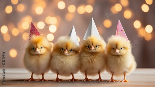 a group of young chicks wearing miniature New Year hats, their fluffy feathers ruffled by the wind, as they peck at festive treats, ushering in the joy of 2024. photo