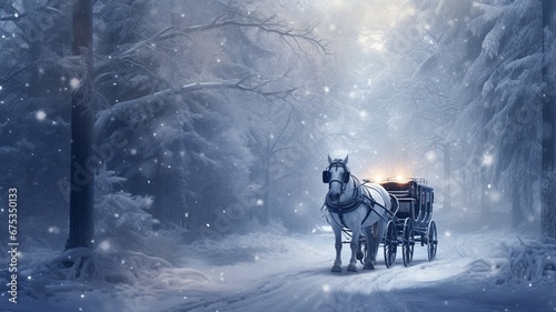a horse-drawn carriage ride through a snowy forest, with passengers bundled up in blankets, enjoying the crisp winter air and the enchanting ambiance of Christmas.