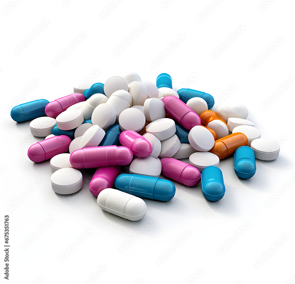 Pile of medicine pills and colorful capsule isolated on white background, generative AI